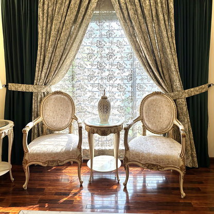 Elegant Ivory & Gold French-Style Accent Chair Pair with Round Side Table