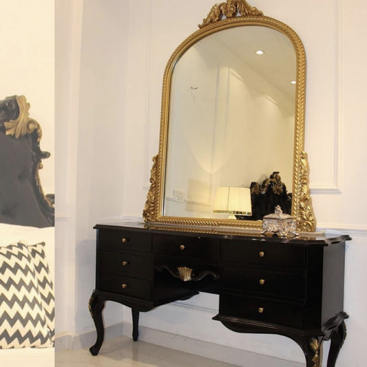 Luxurious Black & Gold Ornate Dresser with Decorative Mirror