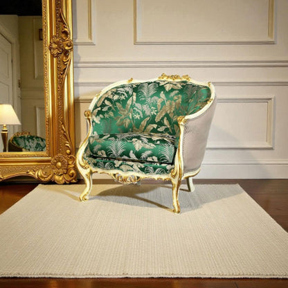 Luxurious Green & Gold Botanical Accent Armchair Pair
