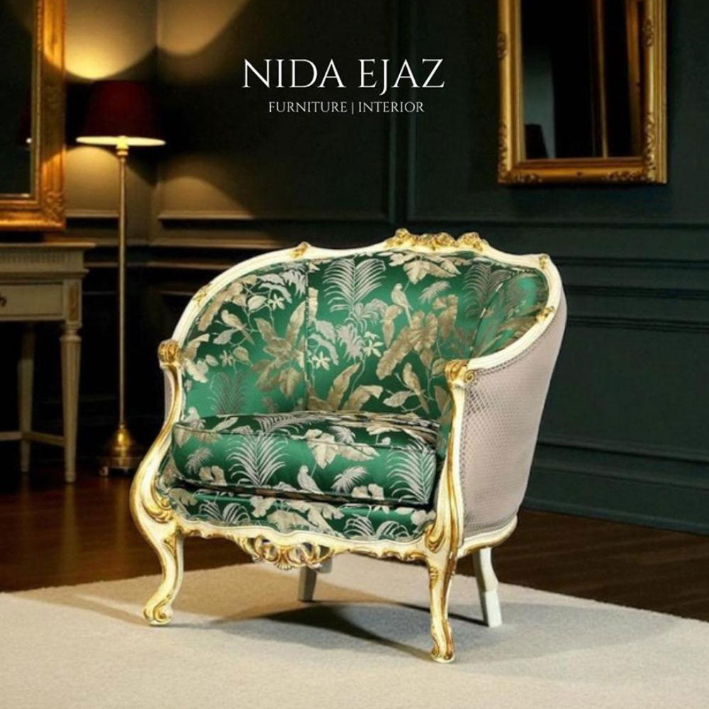 Luxurious Green & Gold Botanical Accent Armchair Pair