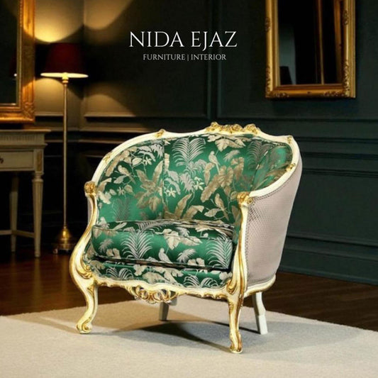 Luxurious Green & Gold Botanical Accent Armchair Pair