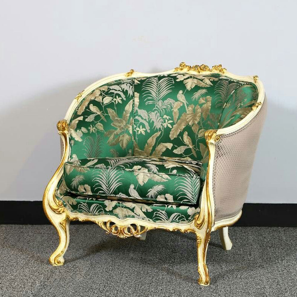 Luxurious Green & Gold Botanical Accent Armchair Pair