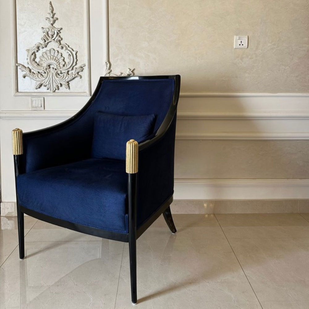 Luxurious Navy Blue & Gold Accent Chair Pair with Side Table