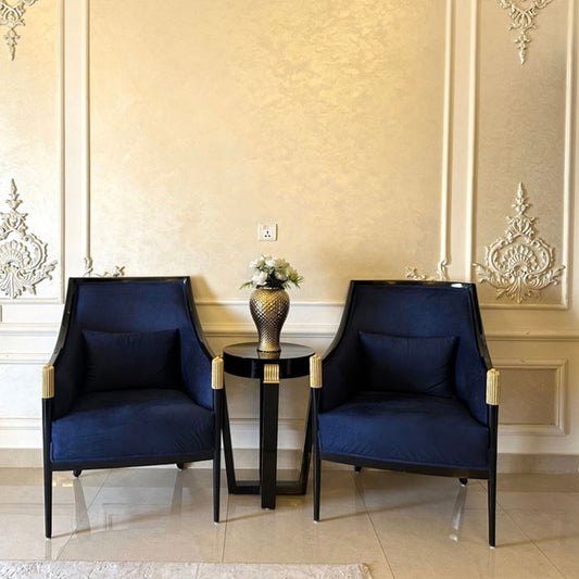 Luxurious Navy Blue & Gold Accent Chair Pair with Side Table
