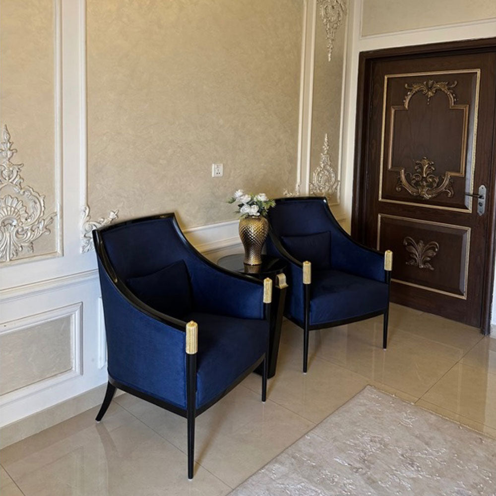 Luxurious Navy Blue & Gold Accent Chair Pair with Side Table