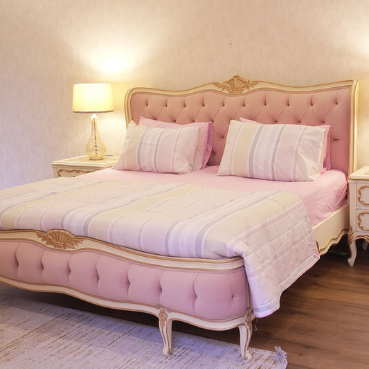 Luxury Pink Upholstered King Bed with Tufted Headboard & Matching Nightstands