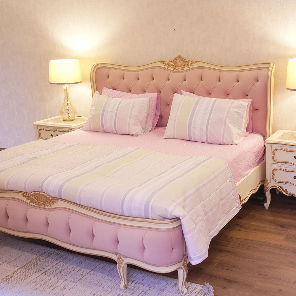 Luxury Pink Upholstered King Bed with Tufted Headboard & Matching Nightstands