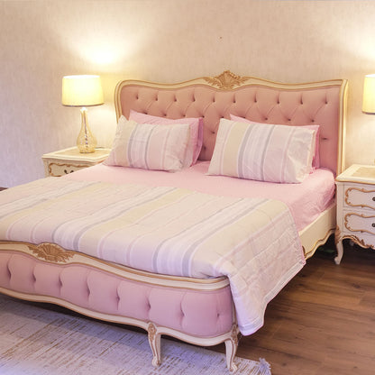 Luxury Pink Upholstered King Bed with Tufted Headboard & Matching Nightstands