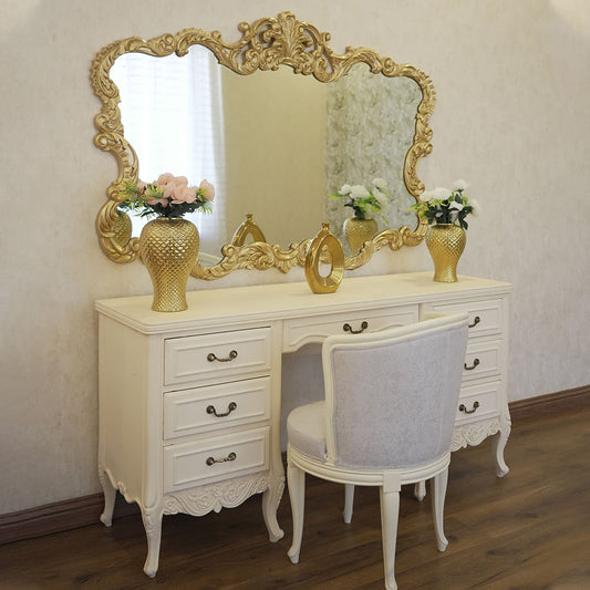 Elegant Cream Vanity Set with Ornate Gold Mirror