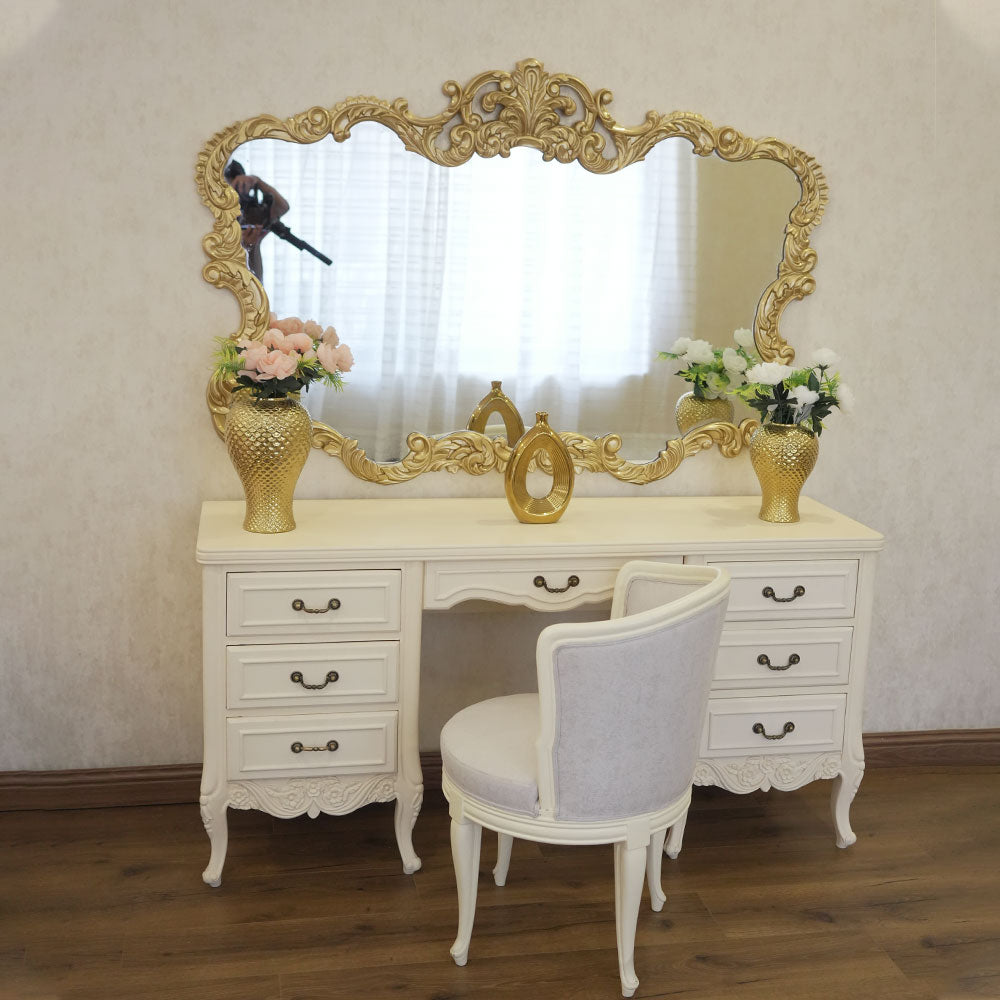 Elegant Cream Vanity Set with Ornate Gold Mirror