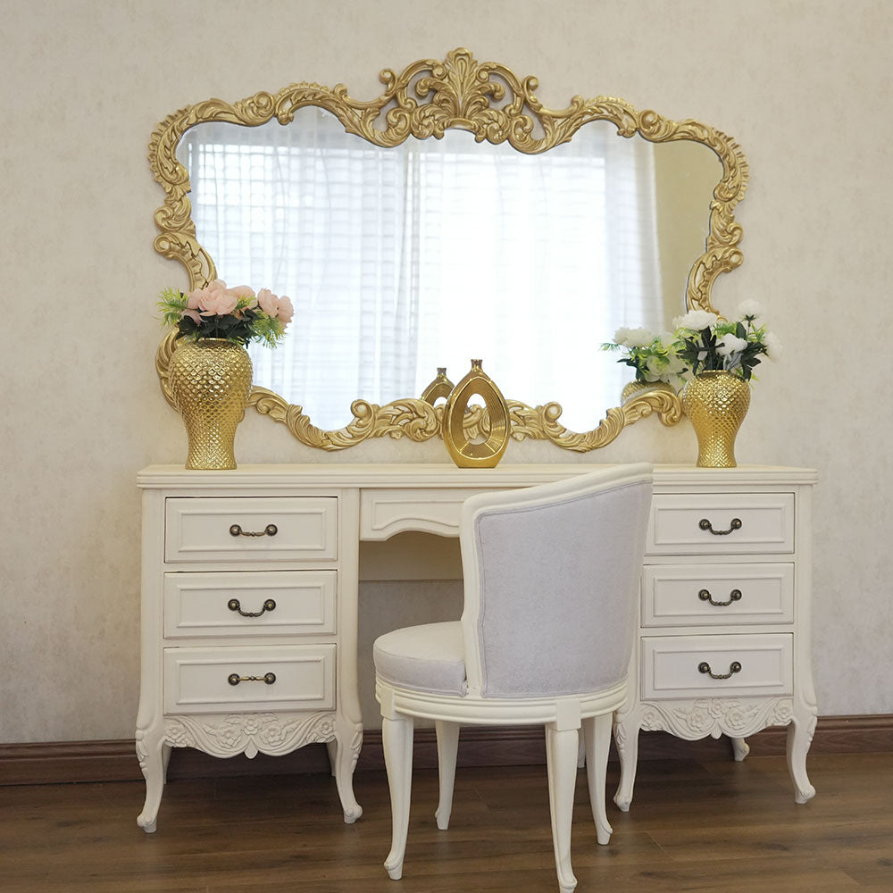 Elegant Cream Vanity Set with Ornate Gold Mirror