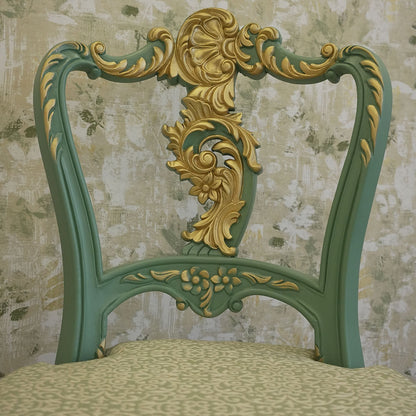 Vintage Teal & Gold Carved Accent Chair Set with Console Table