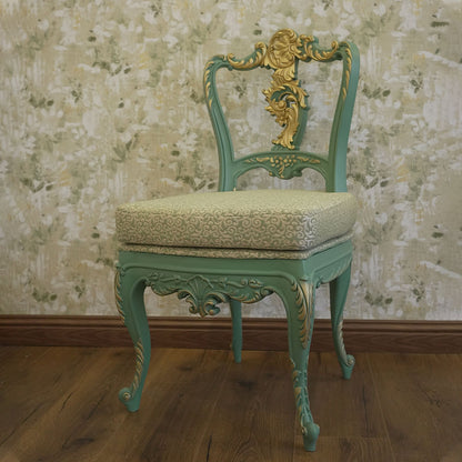 Vintage Teal & Gold Carved Accent Chair Set with Console Table