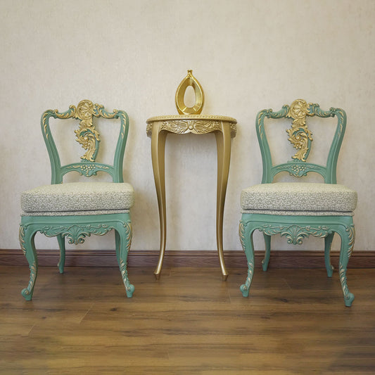 Vintage Teal & Gold Carved Accent Chair Set with Console Table