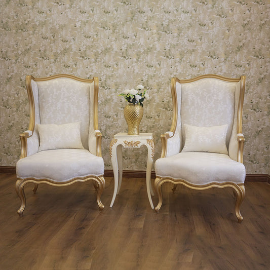 Elegant Ivory & Gold Wingback Chair Set with Side Table