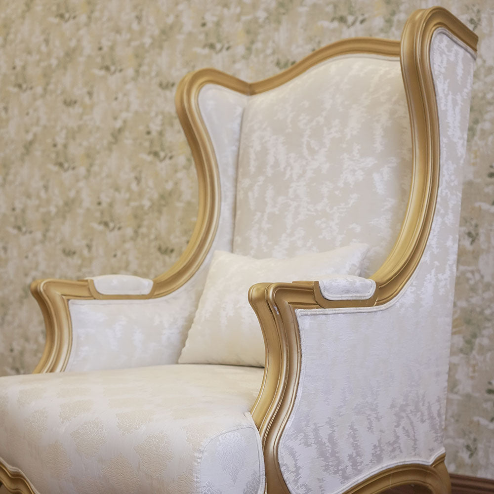 Elegant Ivory & Gold Wingback Chair Set with Side Table