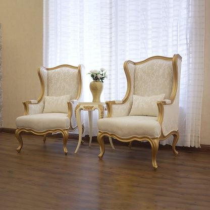 Elegant Ivory & Gold Wingback Chair Set with Side Table