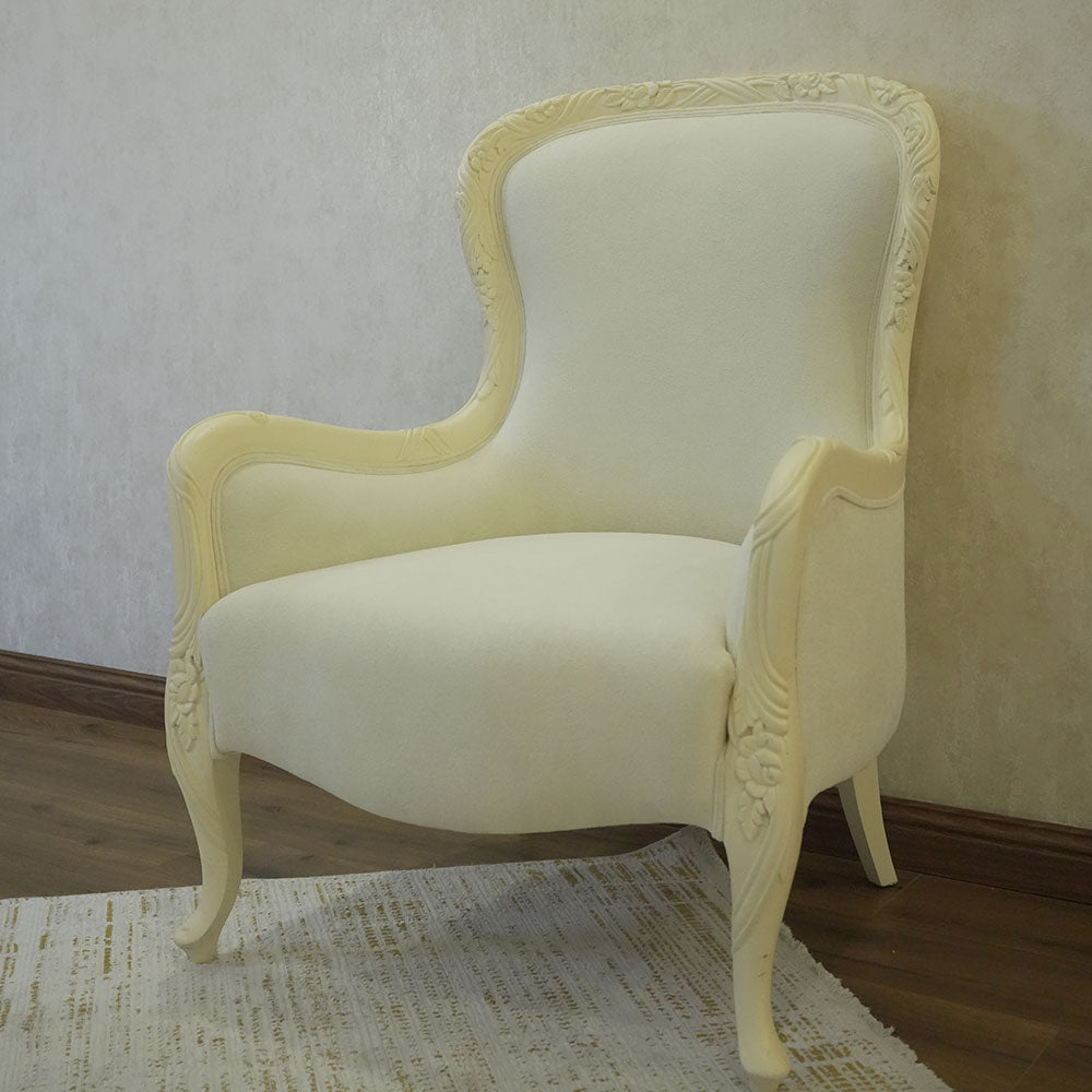 Elegant Ivory High-Back Accent Chair Pair with Decorative Side Table