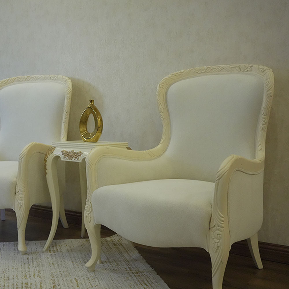 Elegant Ivory High-Back Accent Chair Pair with Decorative Side Table