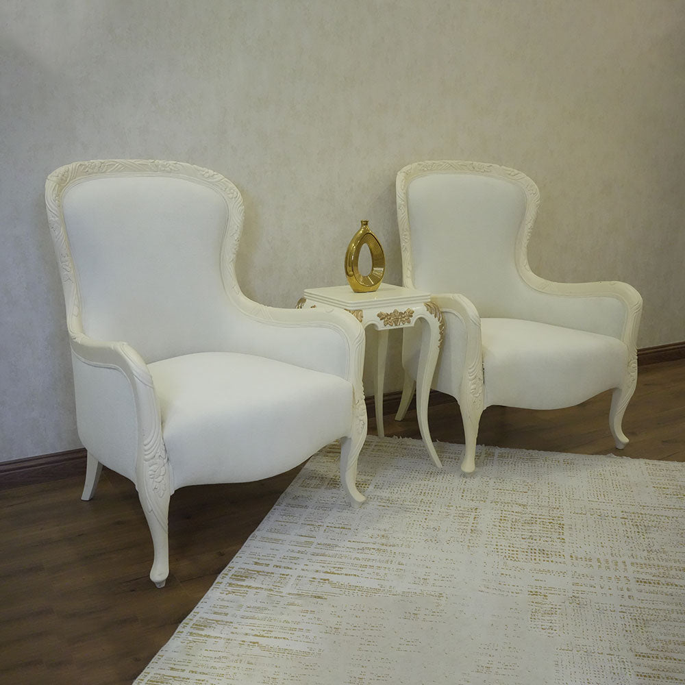 Elegant Ivory High-Back Accent Chair Pair with Decorative Side Table