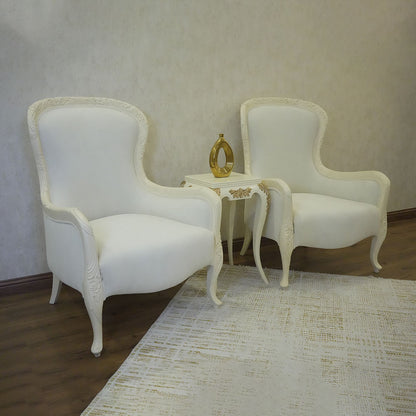 Elegant Ivory High-Back Accent Chair Pair with Decorative Side Table