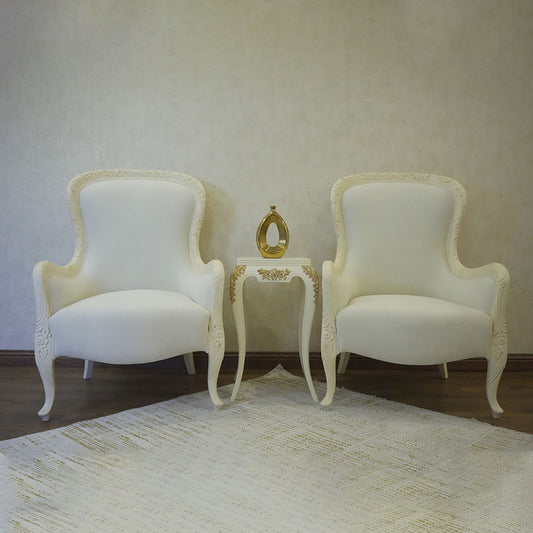 Elegant Ivory High-Back Accent Chair Pair with Decorative Side Table