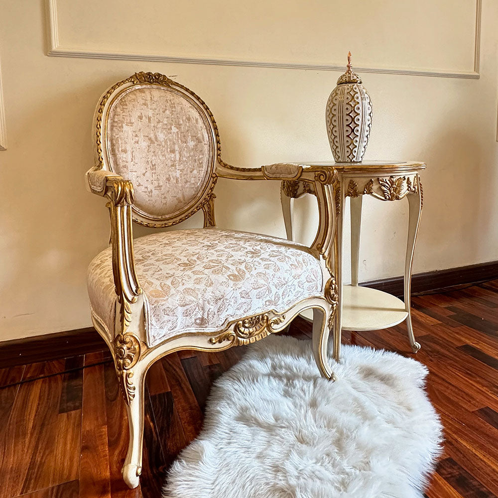 Elegant Ivory & Gold French-Style Accent Chair Pair with Round Side Table