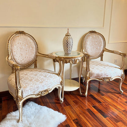 Elegant Ivory & Gold French-Style Accent Chair Pair with Round Side Table
