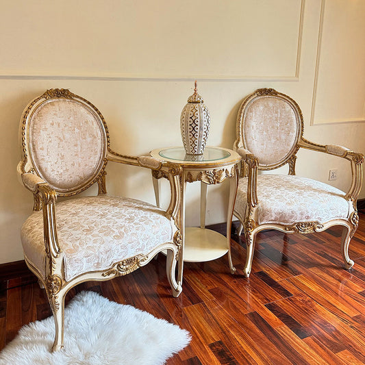 Elegant Ivory & Gold French-Style Accent Chair Pair with Round Side Table