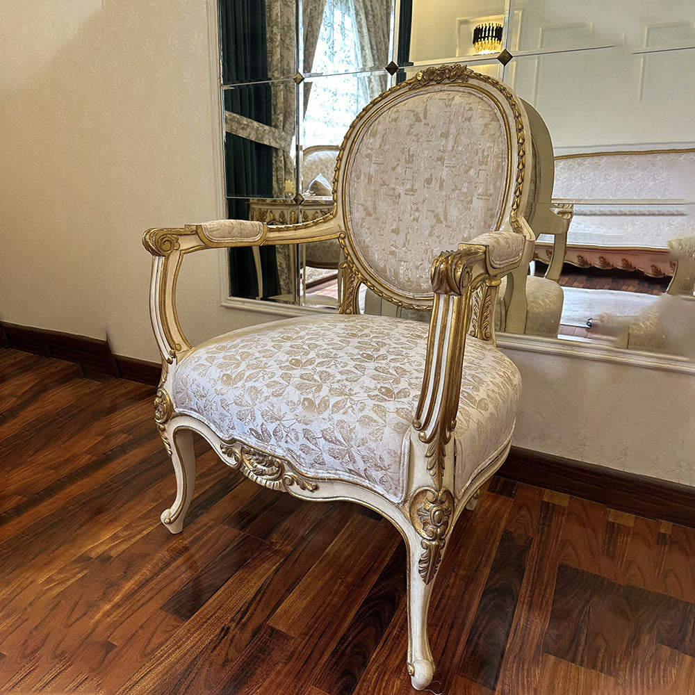 Elegant Ivory & Gold French-Style Accent Chair Pair with Round Side Table