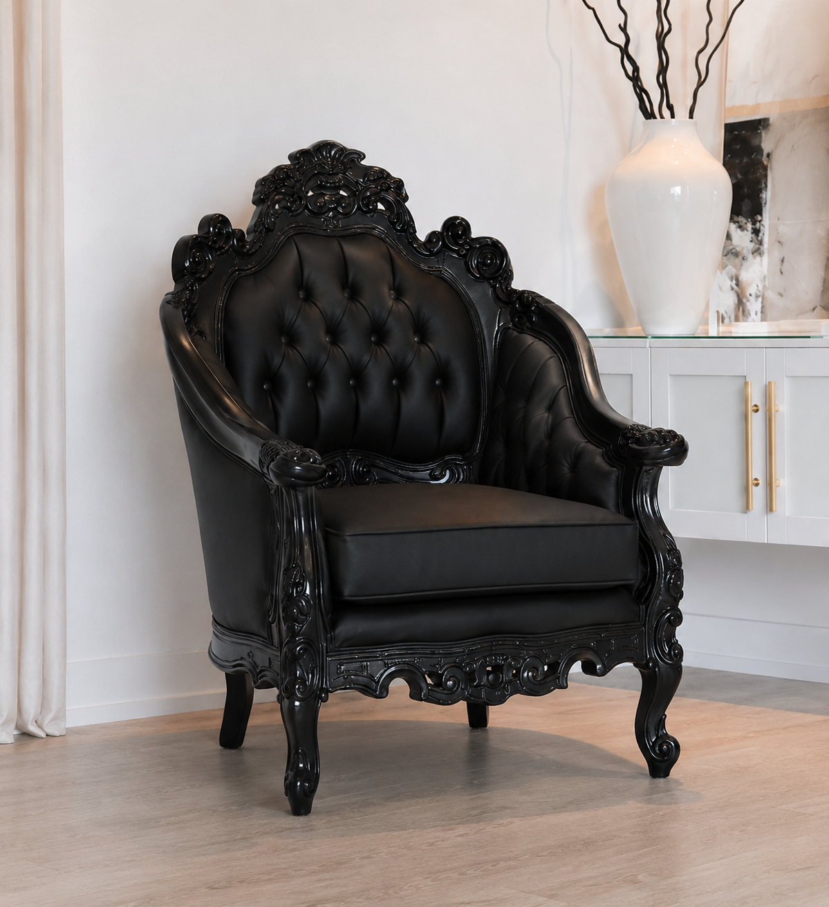 Royal Black Carved Armchair – Set of 2
